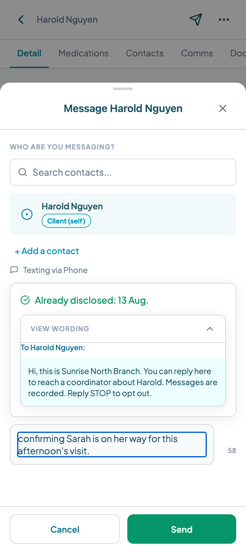 Message composer showing a recipient picker for the client, a masked Texting via Phone row, and a disclosure card previewing the recorded-for-care-quality wording with a reply STOP opt-out