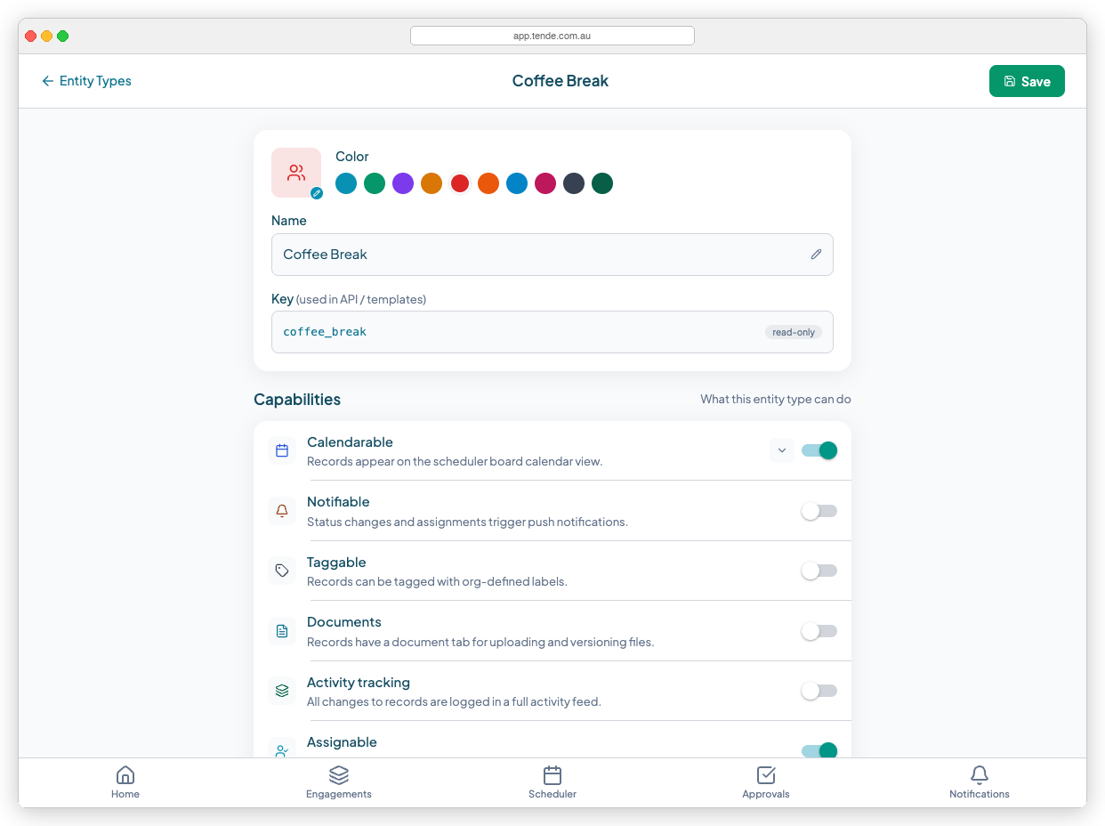 The entity type edit screen — the Name field controls the display label shown throughout Teiro, while the Key field is the underlying system identifier