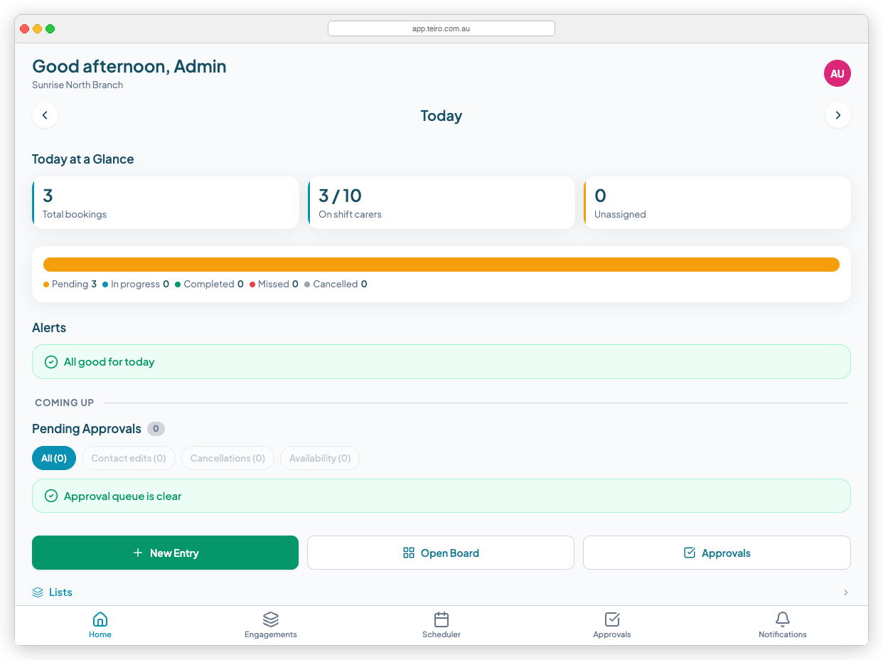 The bottom of the home screen showing the "New Entry", "Open Board", and "Approvals" buttons above the "Lists" row with a right-facing arrow.