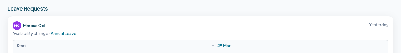 Leave request detail showing carer name, leave type, date range and optional note