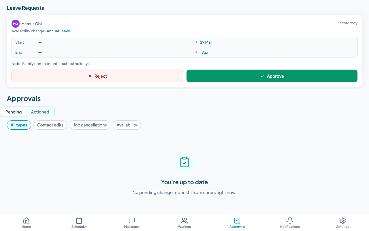 Leave request list in the Approvals queue showing a pending annual leave request from Marcus Obi with date range and Reject / Approve buttons