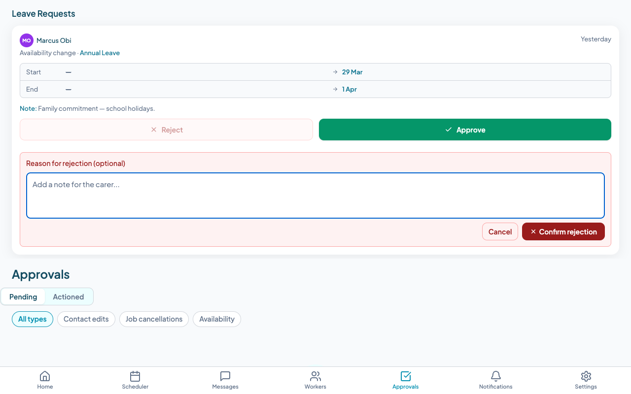 Rejection reason field expanded below the leave request card, with Cancel and Confirm Rejection buttons