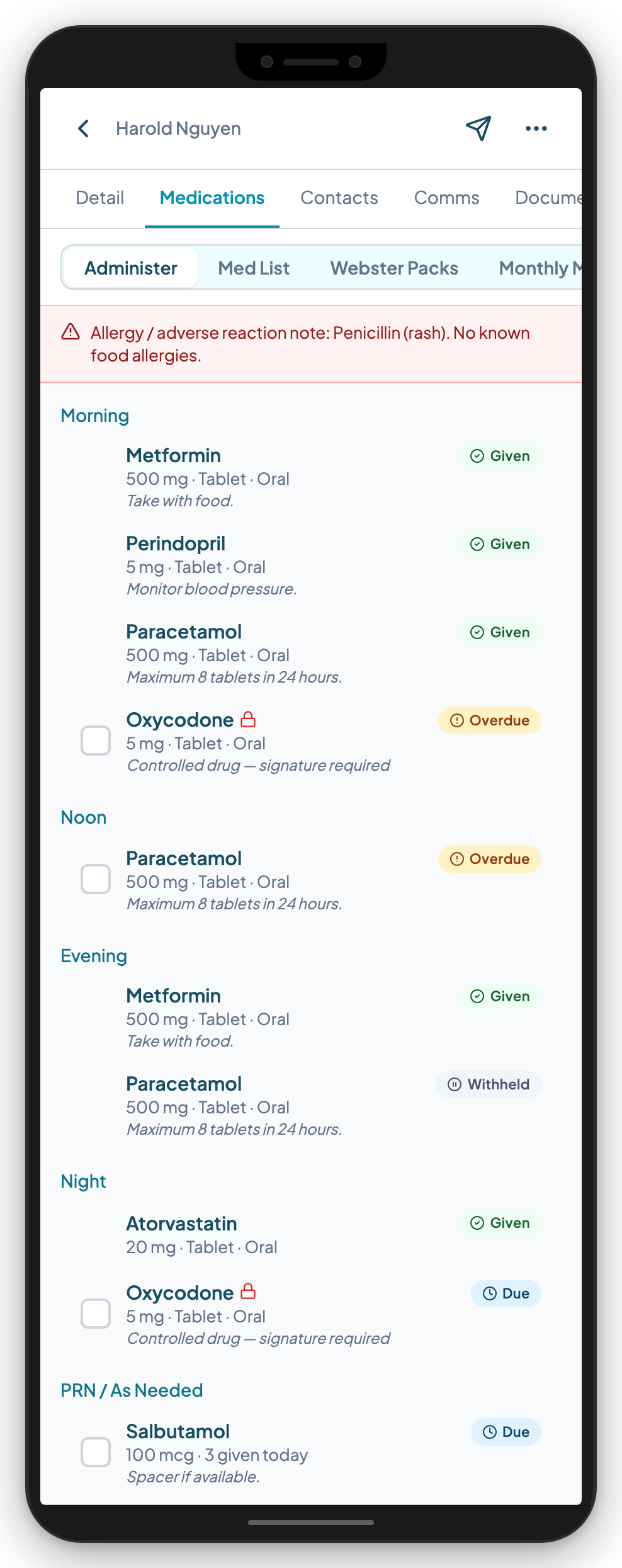 Teiro medication administration record: today's doses grouped by time of day