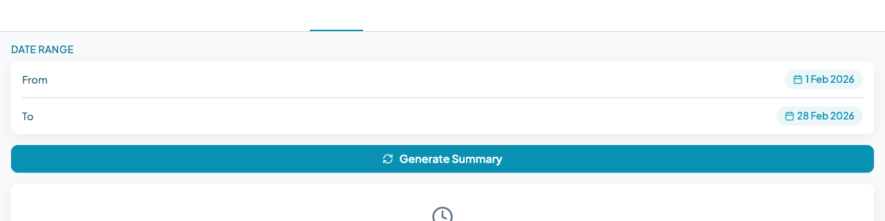 Date range From and To pickers with the Generate Summary button ready to tap