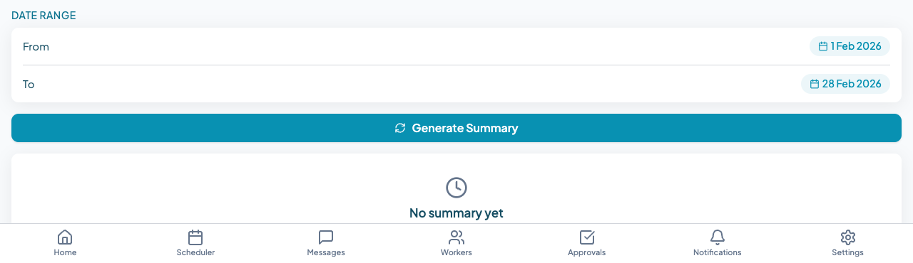 Customer profile with the Reports tab selected, showing the date range picker and Generate Summary button