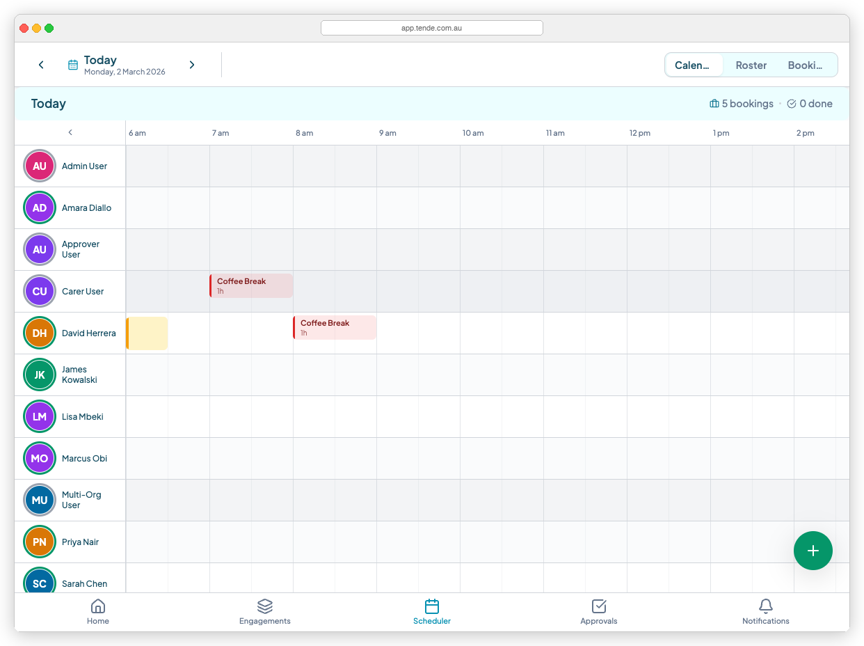 The scheduler board — terminology changes flow through the entire platform including the scheduler, navigation menus, and the carer mobile app