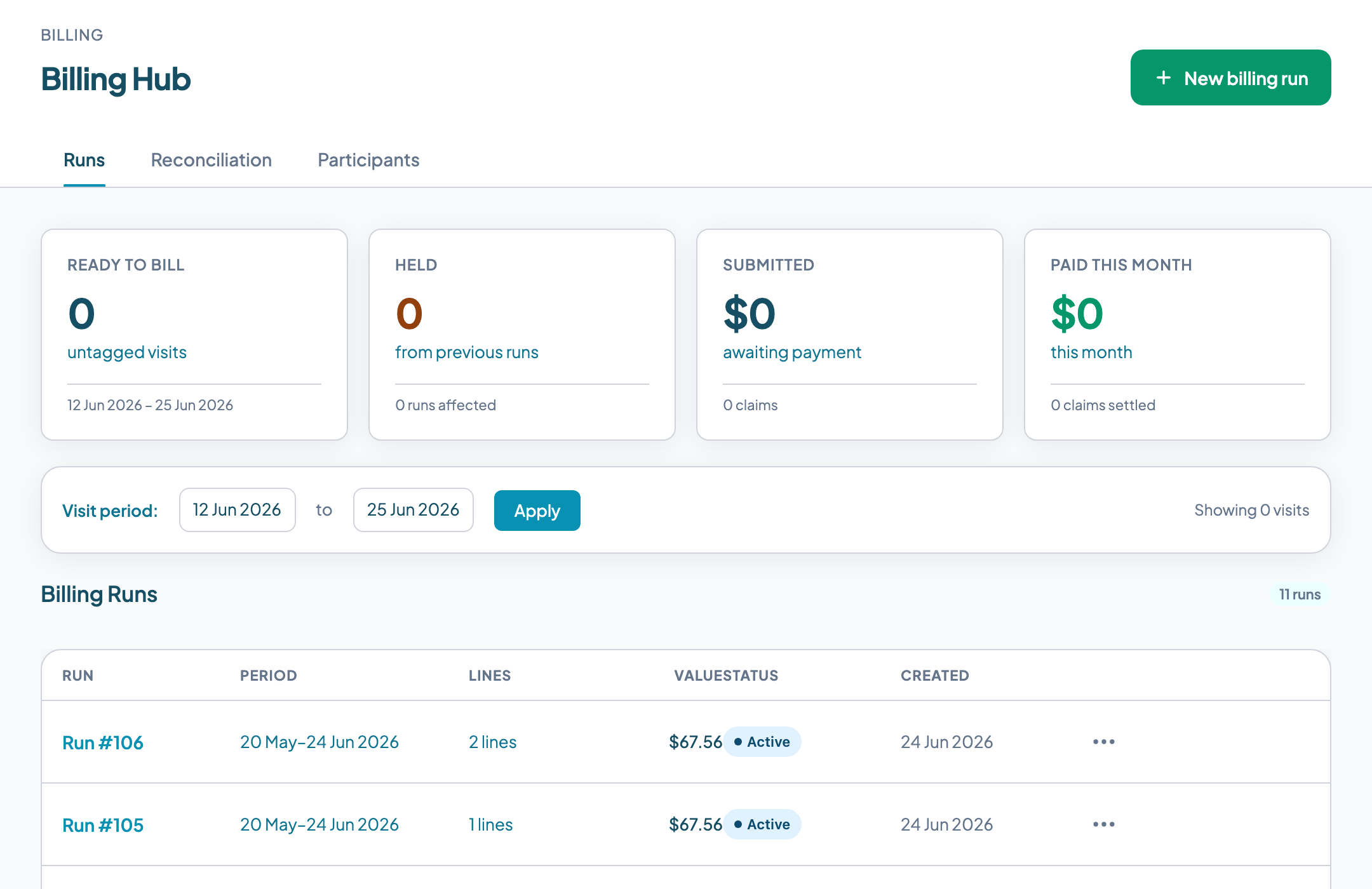 The Teiro Billing Hub showing Ready to Bill, Held, Submitted and Paid This Month stat chips above a table of billing runs with run number, period, line count, value and status columns