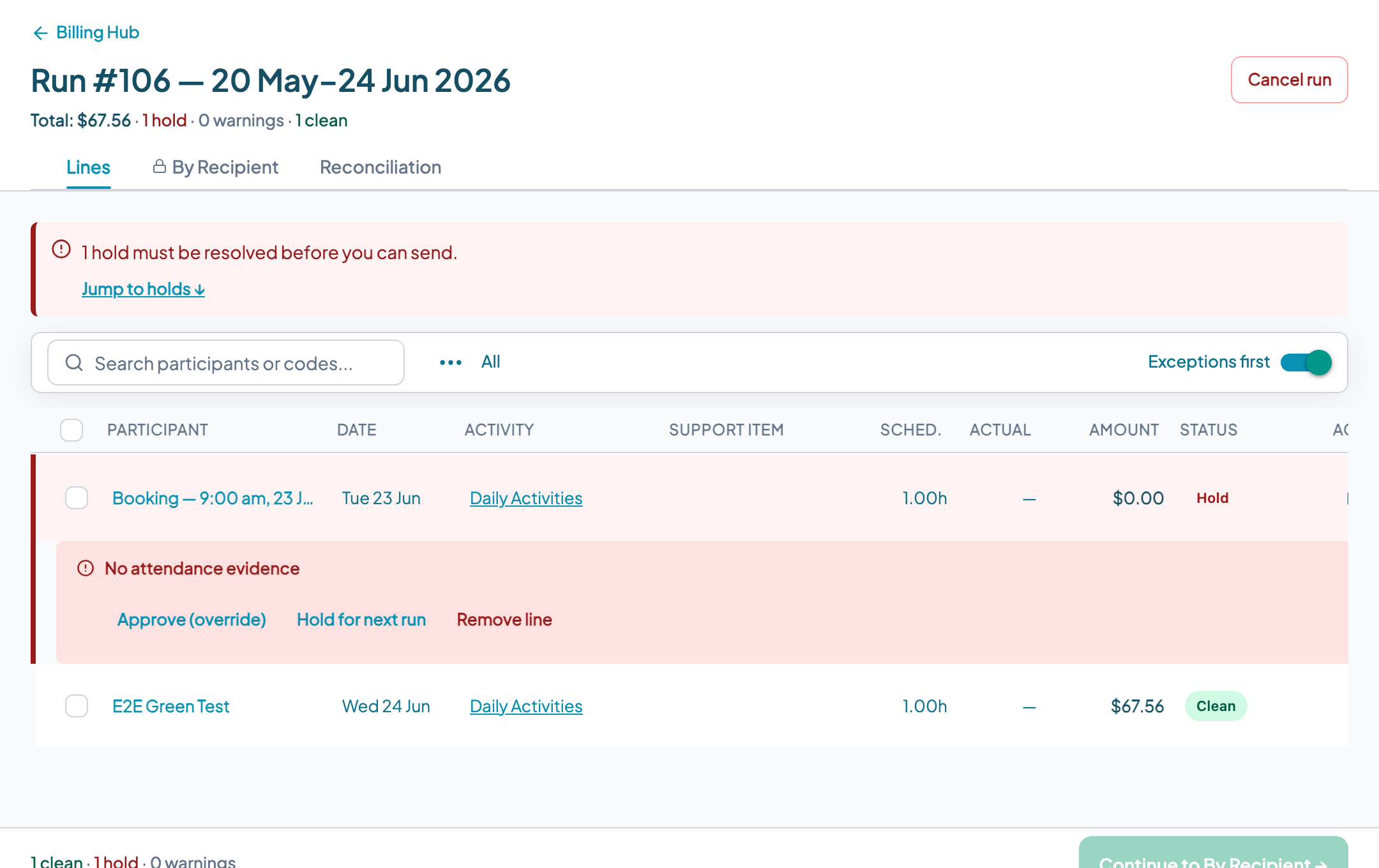 Teiro billing run detail showing a held line with No attendance evidence reason and Approve override, Hold for next run, and Remove line action buttons alongside a clean line showing $67.56