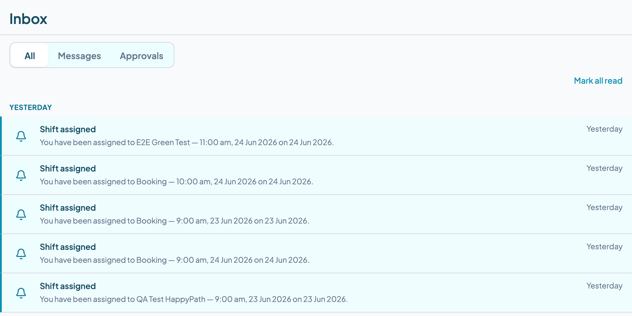 Teiro inbox showing shift assignment notifications grouped by date, with All, Messages, and Approvals filter tabs