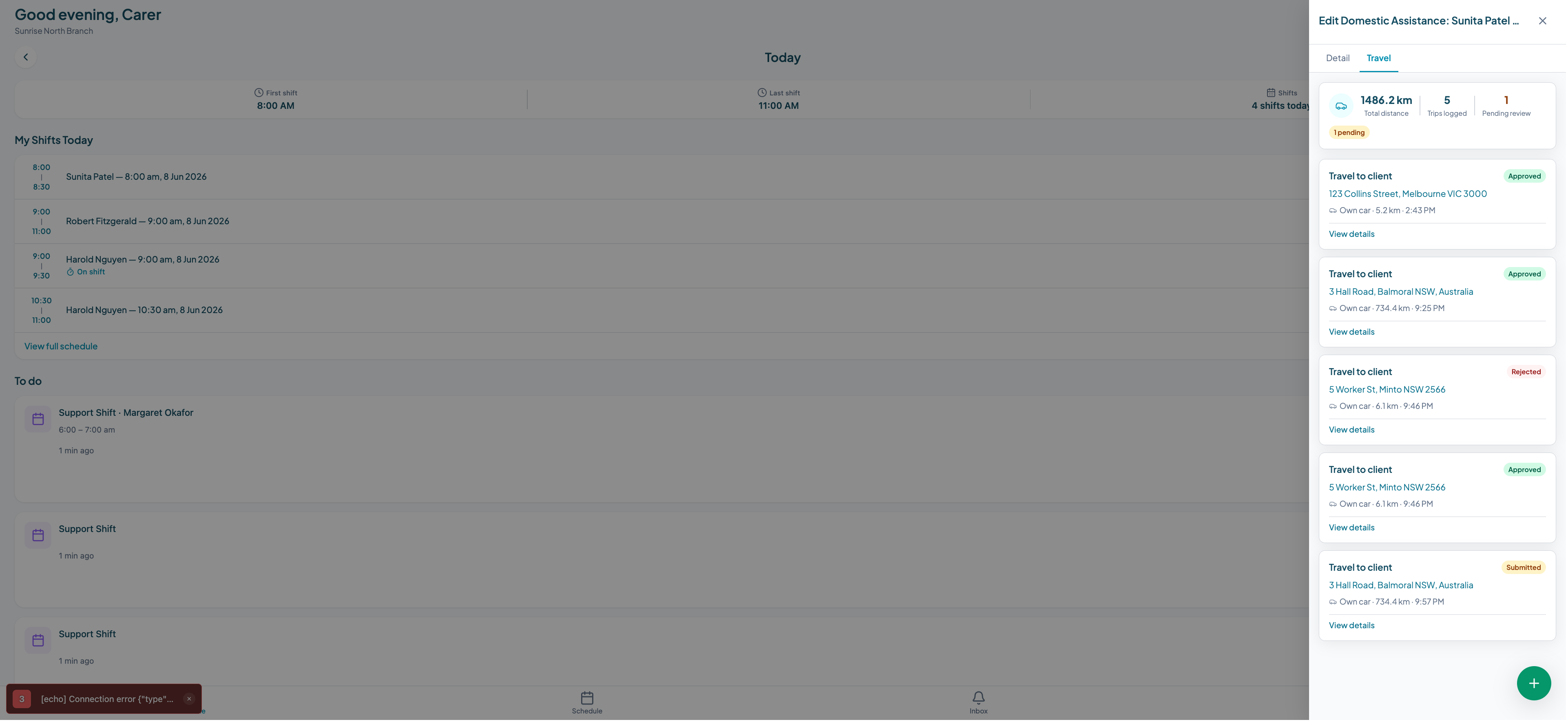 Travel tab showing total kilometres logged, trip count, and approval statuses per trip