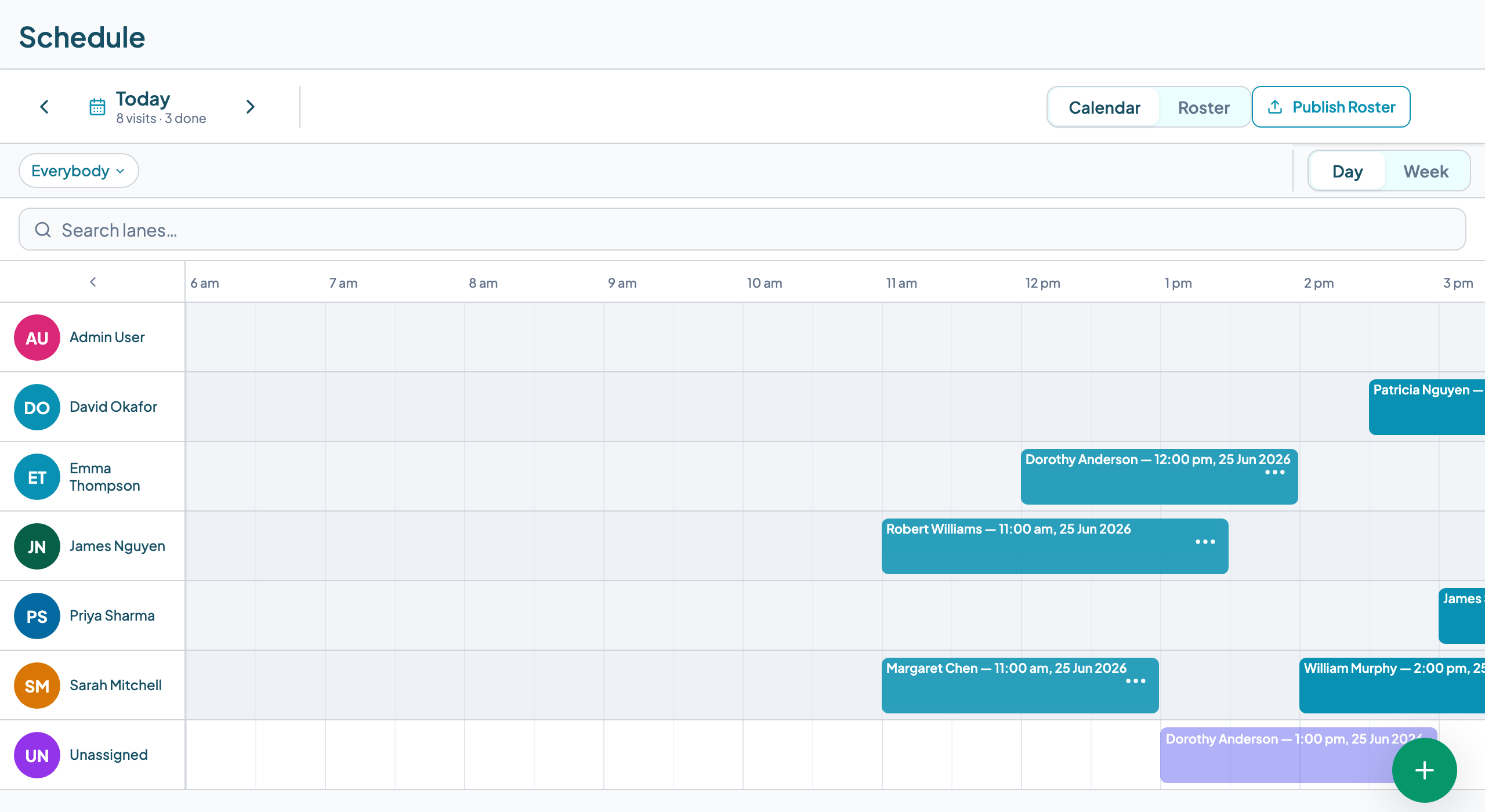 Teiro scheduling board showing the day view with worker lanes, each with booking tiles for assigned visits including customer names, times, and visit types. An Unassigned lane at the bottom shows shifts not yet allocated.