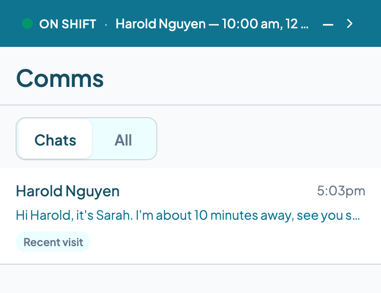 Support worker's Comms tab in the Teiro app showing My chats with a single client conversation