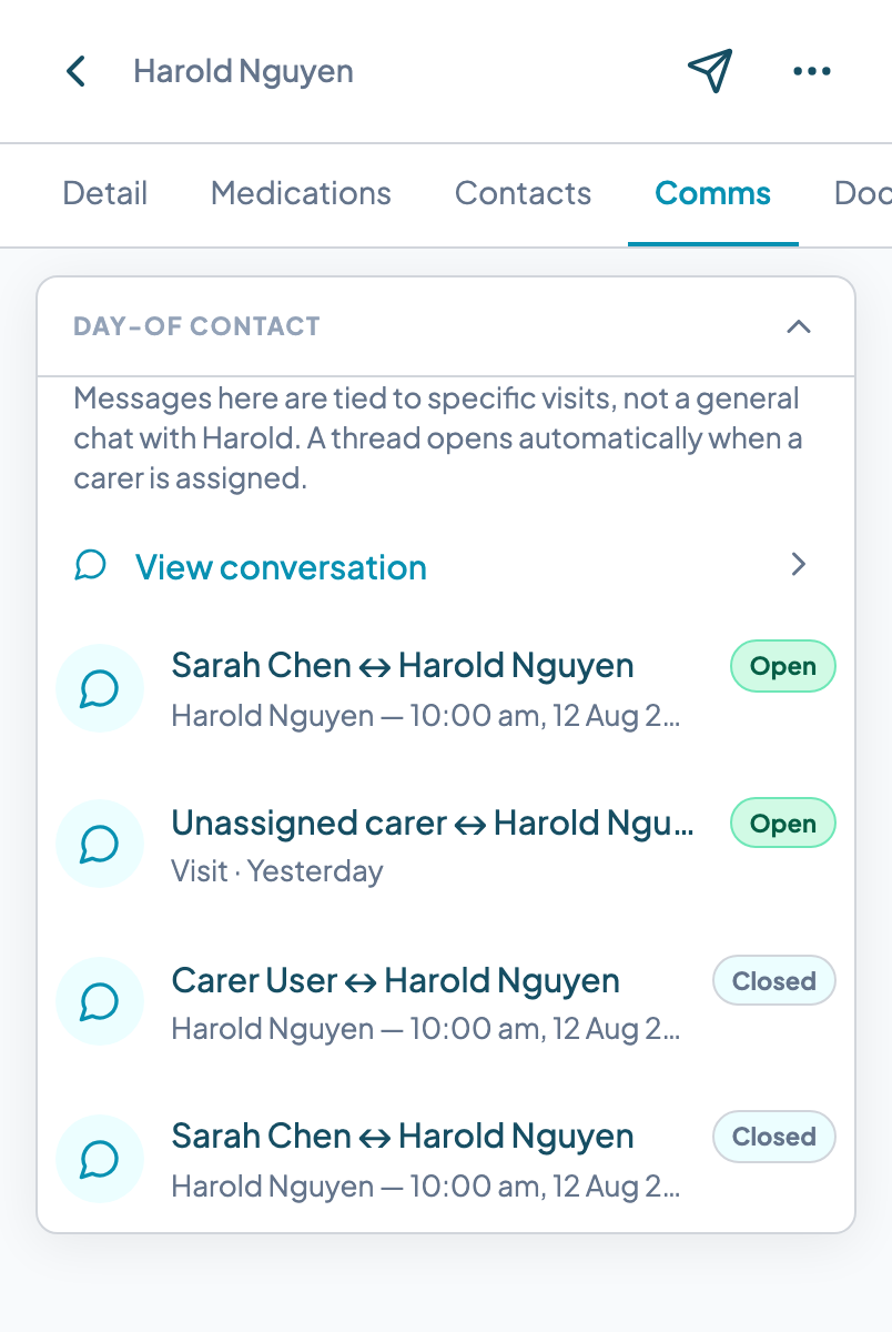 Client record Comms tab showing a logged conversation with timestamps and delivery status