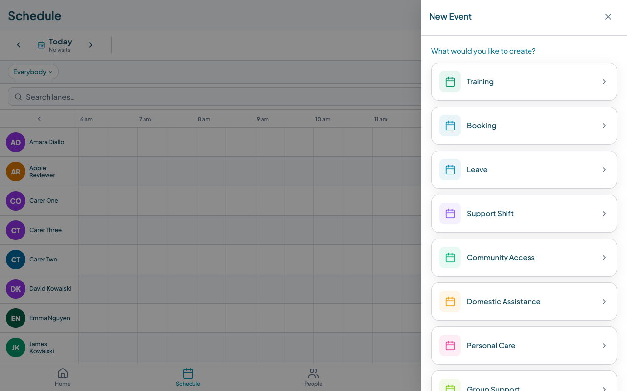 New Event panel showing entity type picker with Training, Booking, Leave, Support Shift, Community Access, Domestic Assistance, Personal Care, and Group Support options