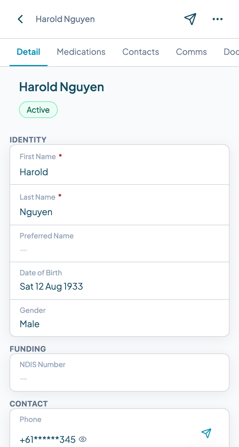 Client record header with the paper-plane compose icon highlighted