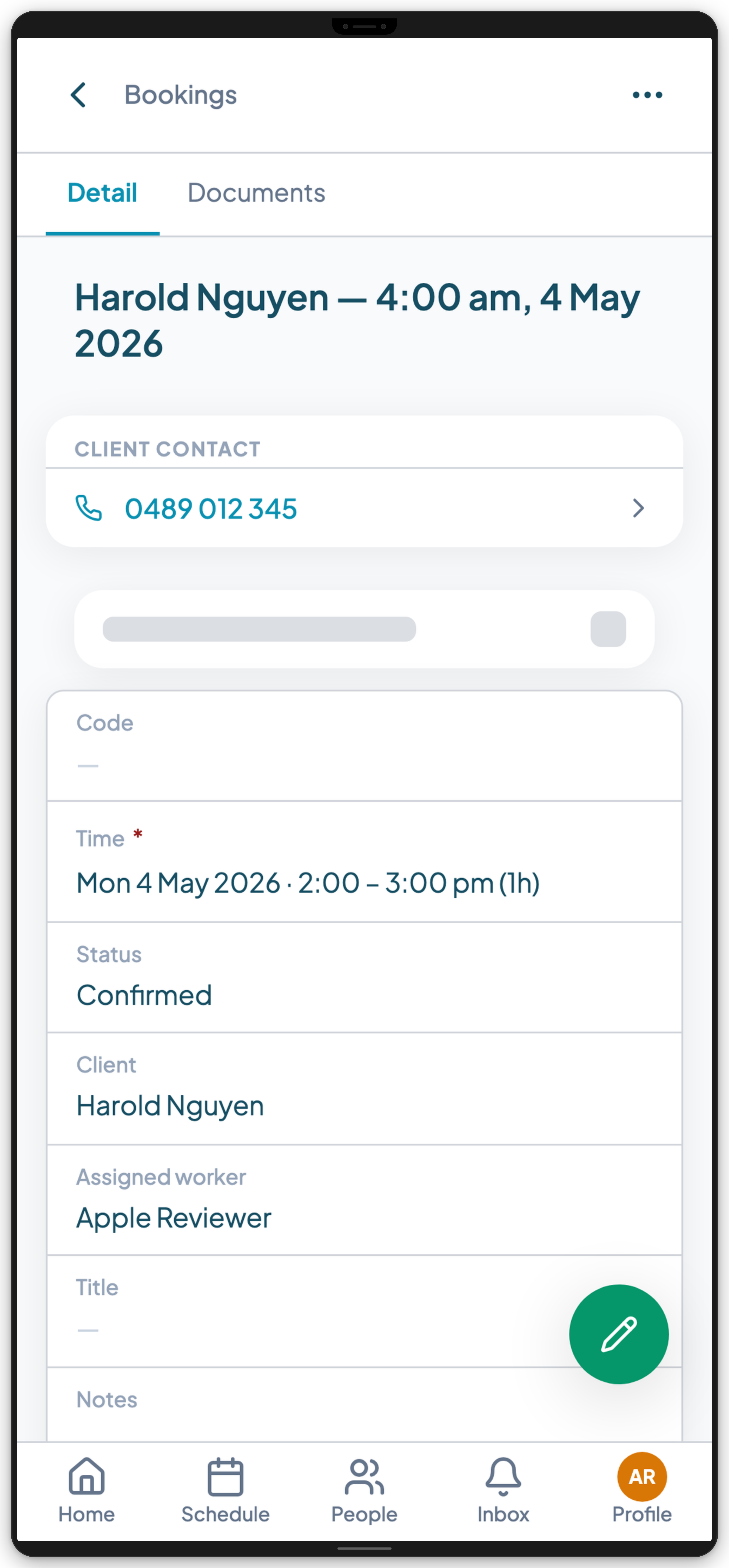 Teiro carer app — shift detail with participant info and alerts