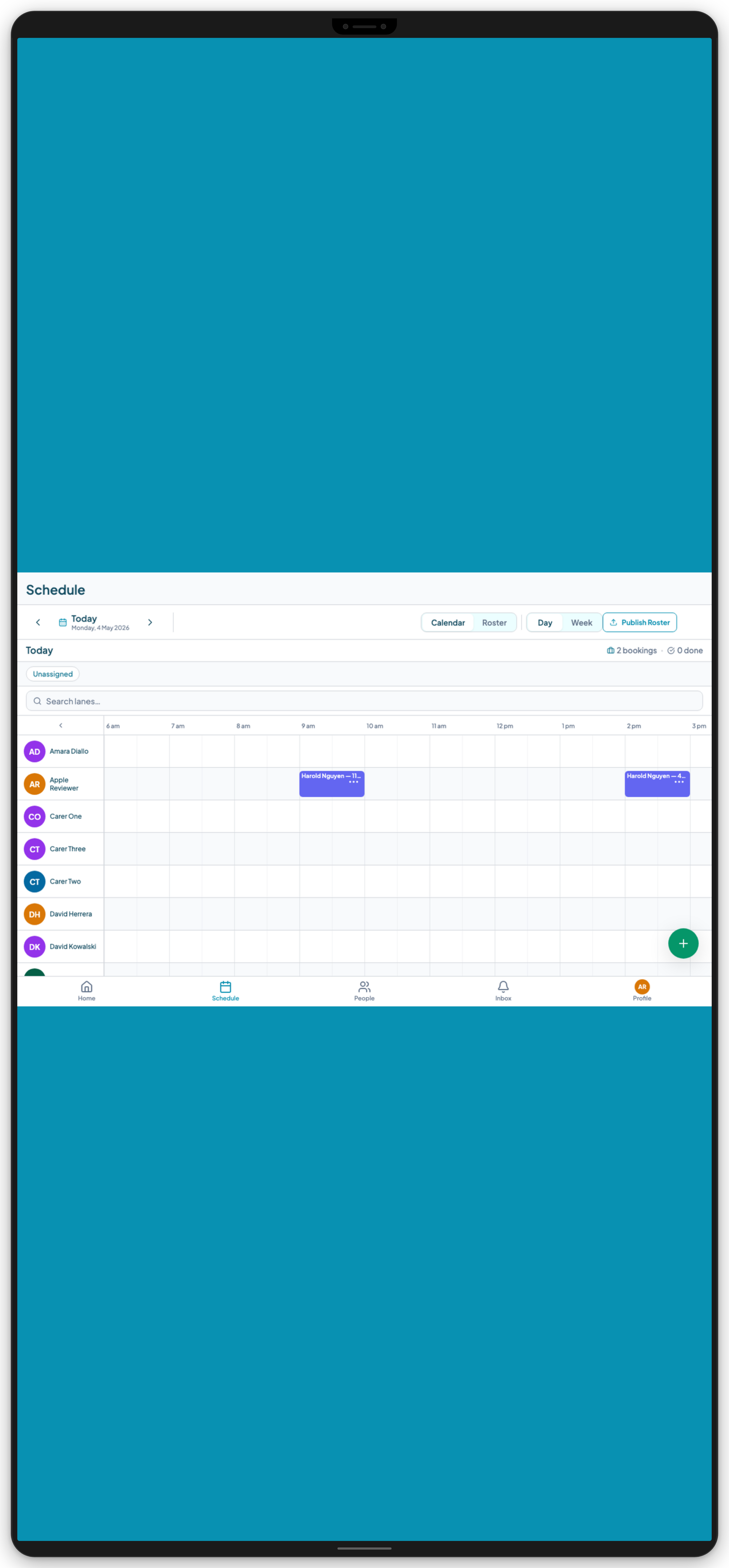 Teiro scheduling board for care coordinators