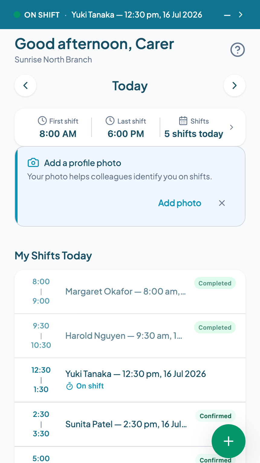 Teiro carer app home screen showing today's shifts and on-shift status