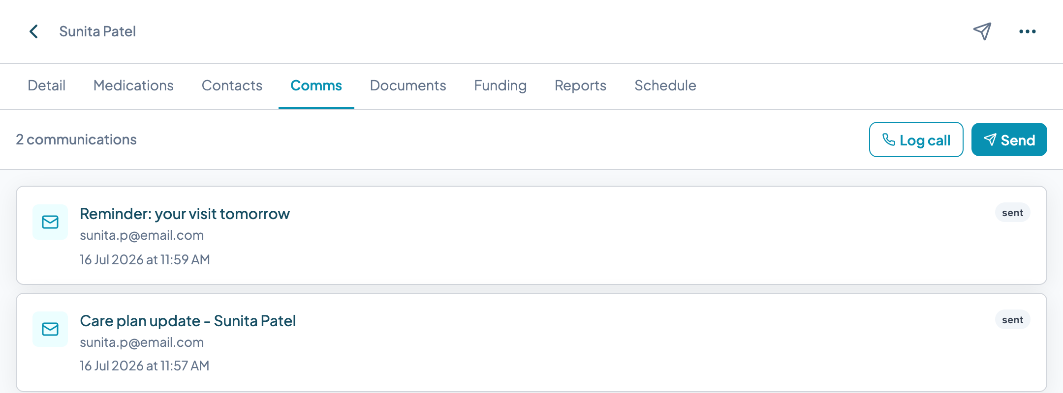 Teiro communications tab on a customer record showing sent email history