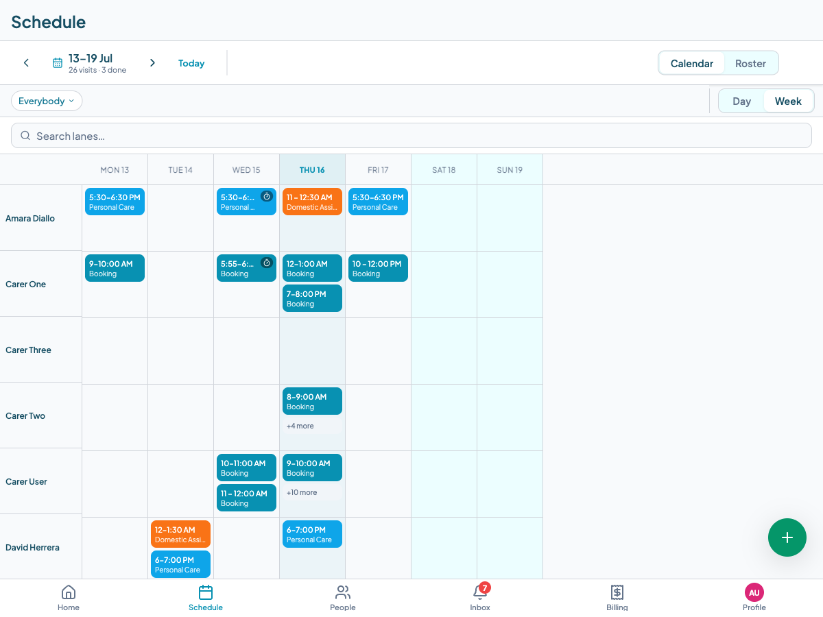 Teiro weekly scheduling board showing carers rostered against shifts across the week