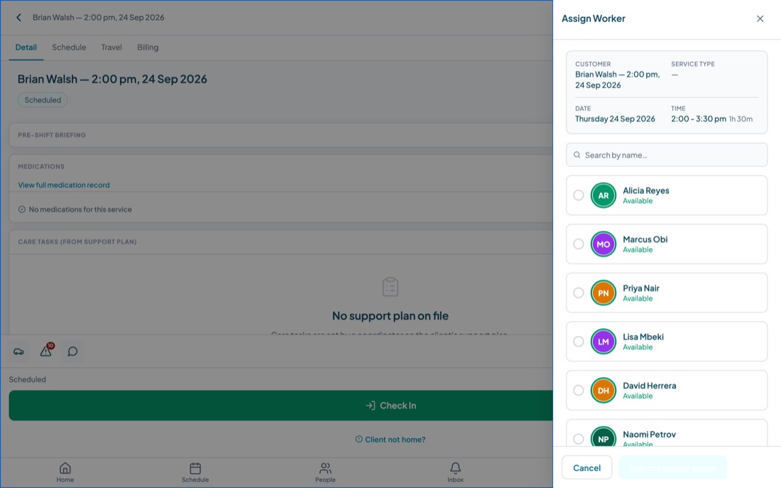 The Assign Worker panel listing workers with availability labels and an Offer to team button.