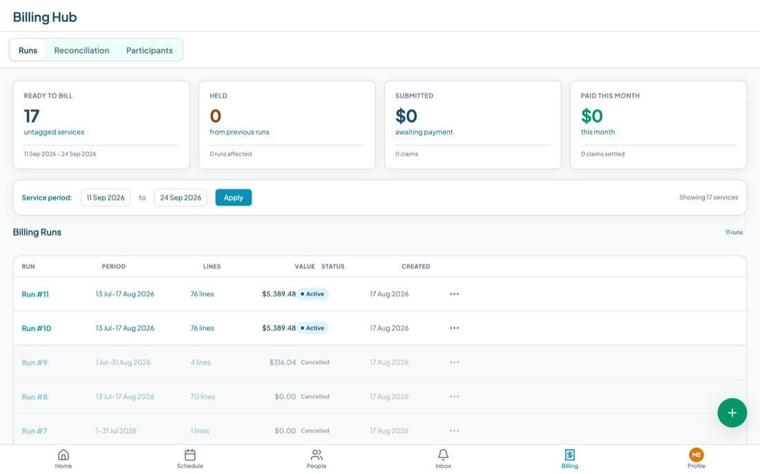 The Billing Hub showing ready to bill, held, submitted and paid tiles above a table of billing runs.