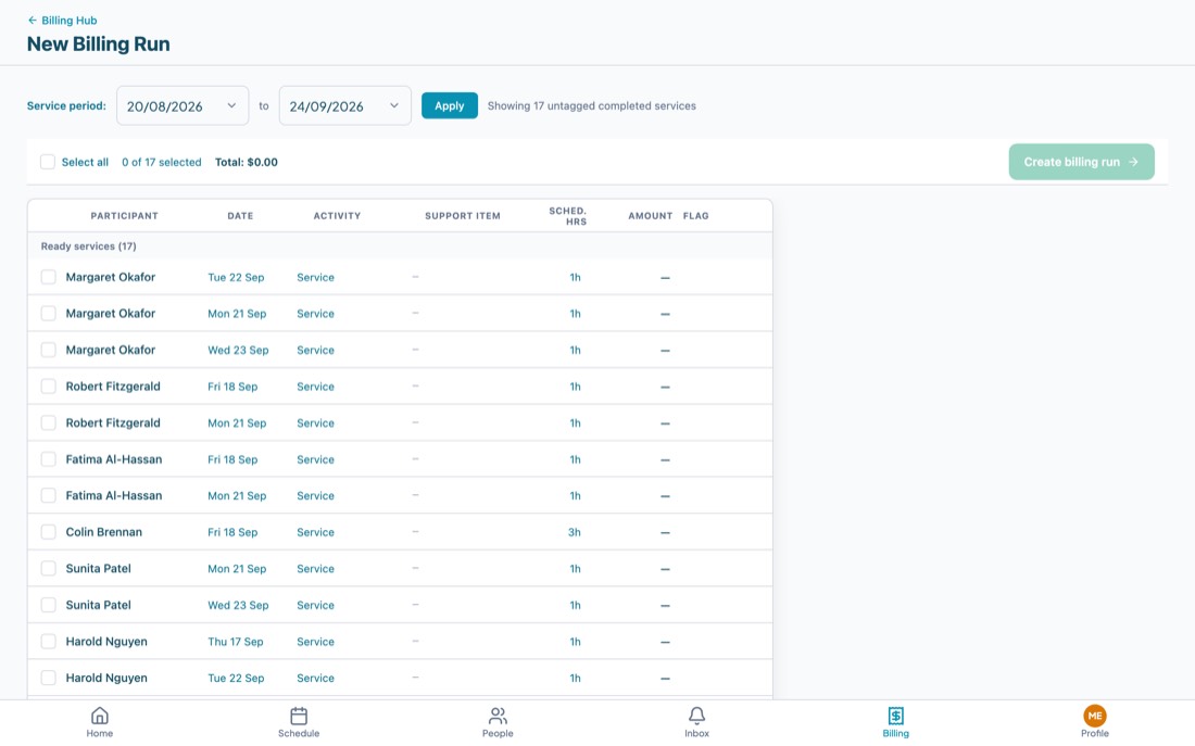 The new billing run screen listing untagged completed services with participant, date, activity, support item and amount columns.