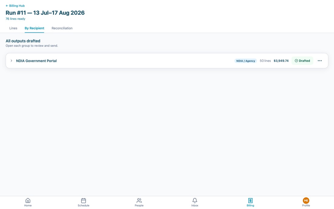 The By Recipient stage of a billing run showing an NDIA Government Portal group with fifty lines drafted.