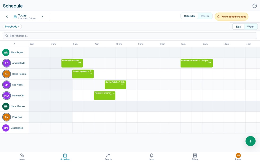 The schedule board in day view, with a lane per carer and service blocks positioned by time.
