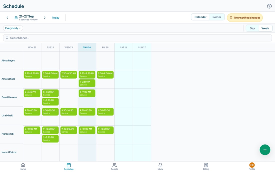 The schedule board in week view showing seven days across and carers down.