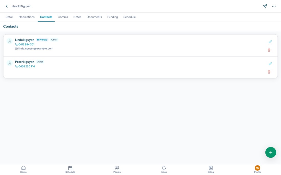 The Contacts tab of a client file with an empty state inviting you to add emergency contacts, guardians and family members.