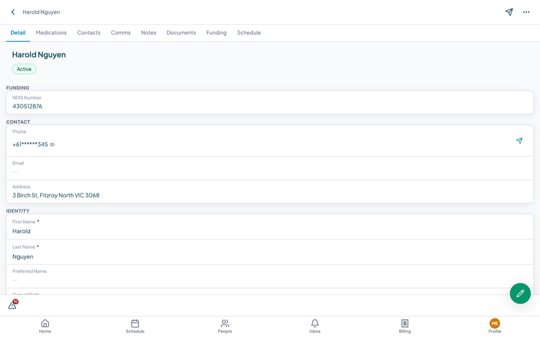 A client record showing the Detail tab with funding, contact, and identity sections.