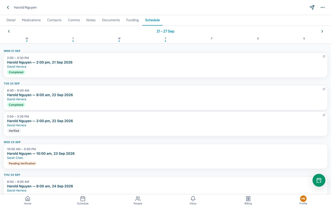 The Schedule tab of a client file showing a week of services grouped by day with status pills.