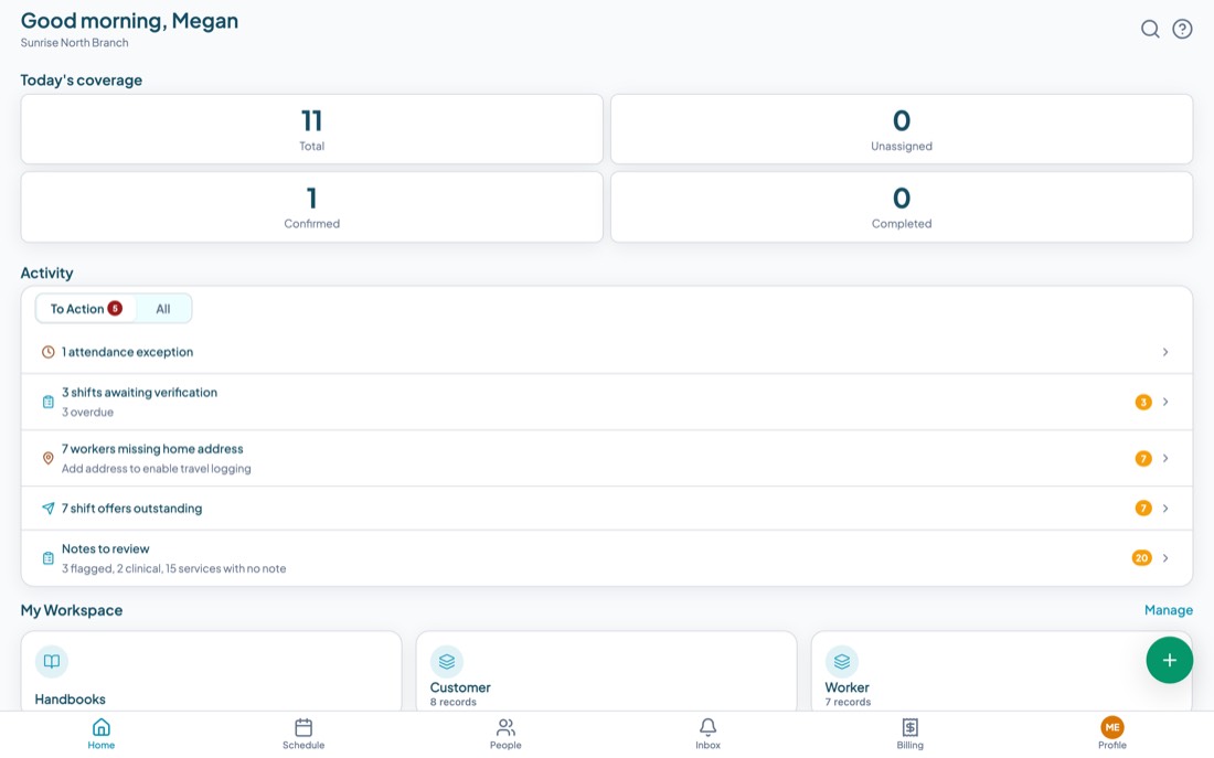 The Teiro home screen showing today's coverage tiles, an activity list, and workspace shortcuts.