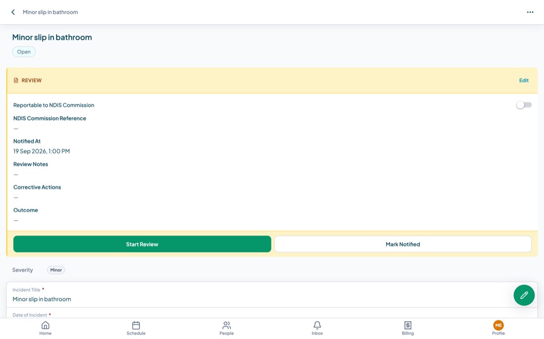An incident report record showing a review section, severity, incident details and the related shift.