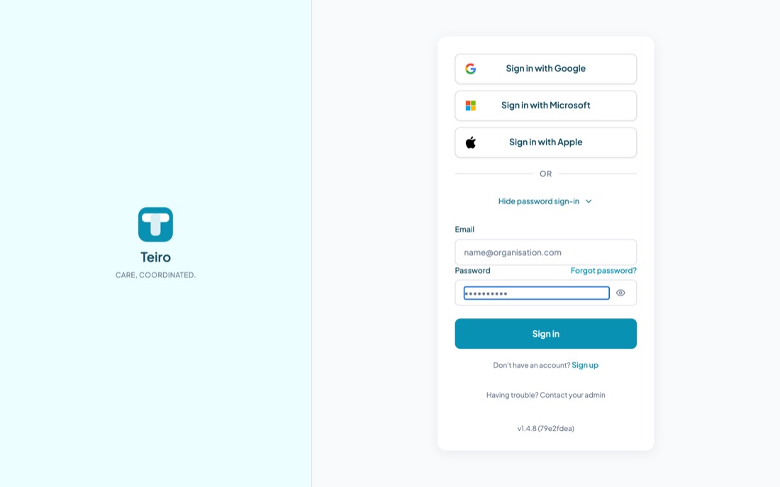 The Teiro sign-in screen, showing Google, Microsoft and Apple sign-in buttons above an email and password form.