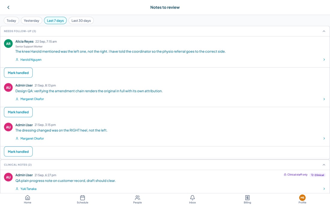 The Notes to review screen, grouped into needs follow-up, clinical notes, services with no note, and everything else.
