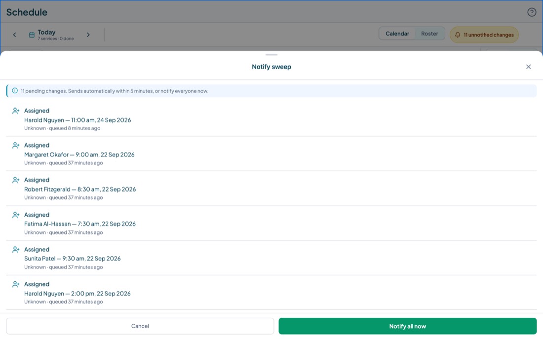 The notify sweep panel listing pending roster changes with a Notify all now button.