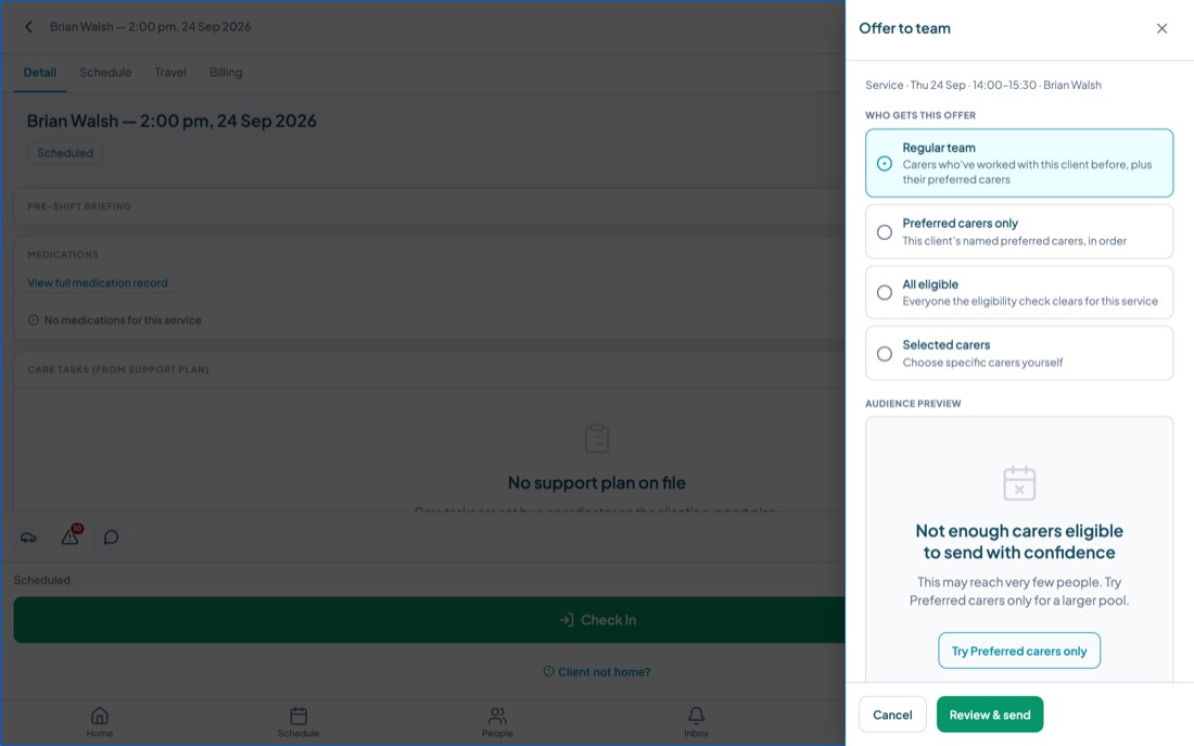 The offer sheet showing audience options, an audience preview, and rules for how the offer resolves and closes.