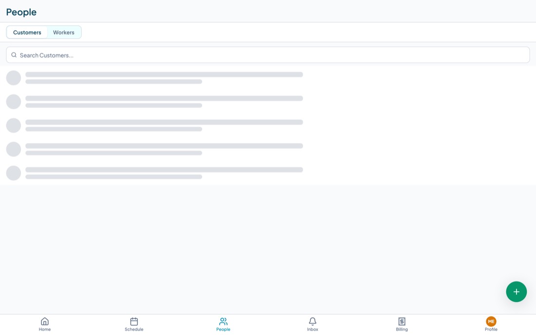 The People screen on the Customers tab, listing eight clients with their suburb and status.