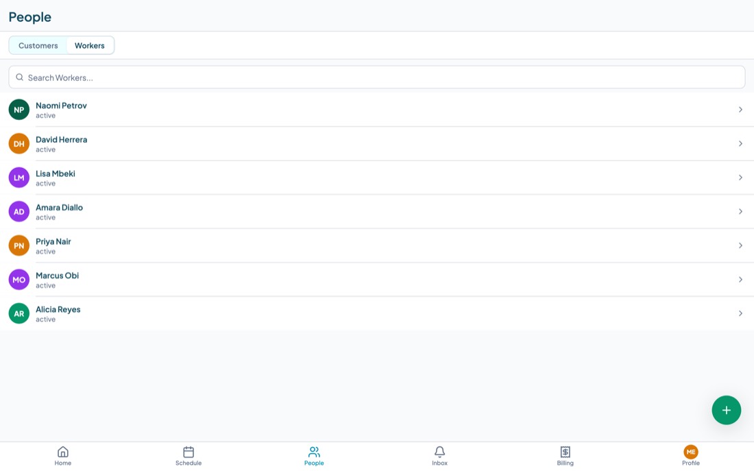 The People screen on the Workers tab, listing seven workers with their status.