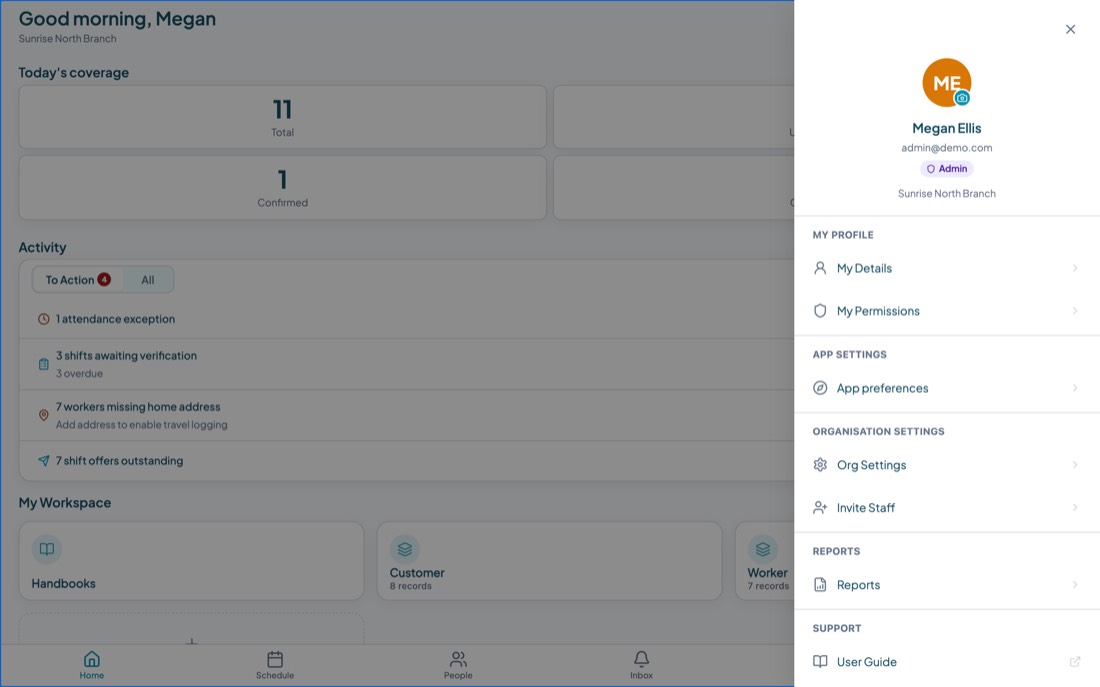 The profile menu open over the home screen, listing my profile, app settings, organisation settings, reports and support.