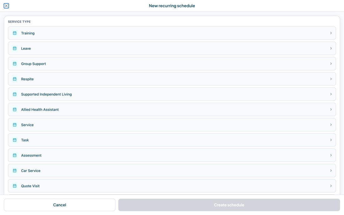 The New recurring schedule form with service type, recurrence pattern, service time, date range and a recurrence preview.