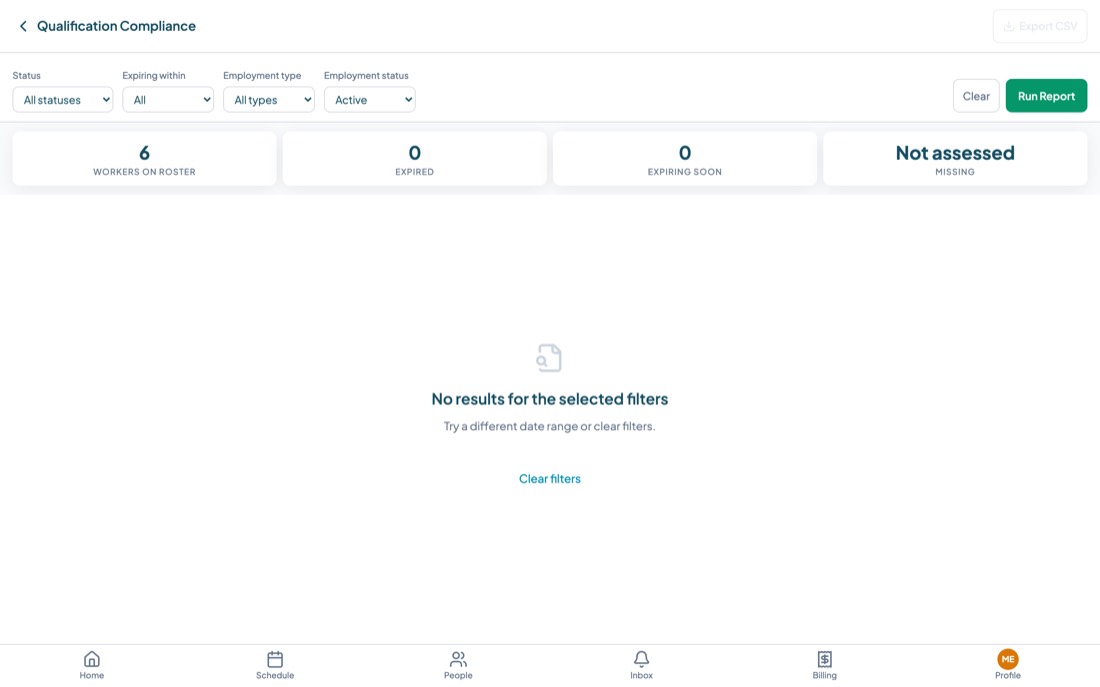 The Qualification Compliance report with filters and summary tiles for workers on roster, expired, expiring soon and missing.