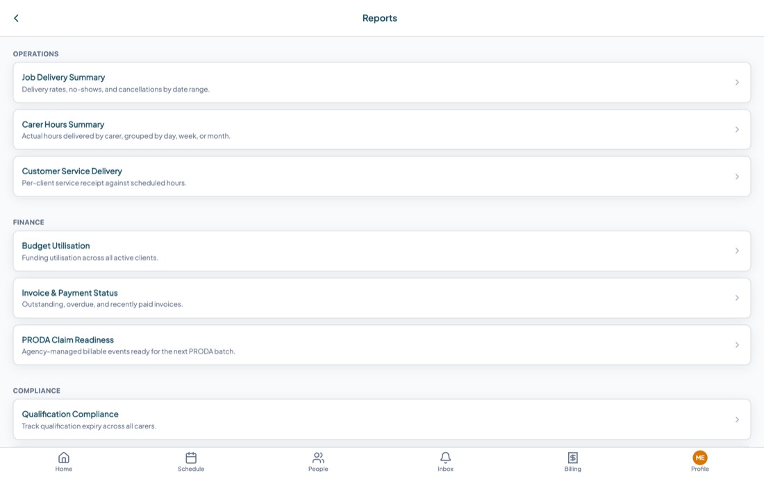 The Reports screen listing operations, finance and compliance reports.