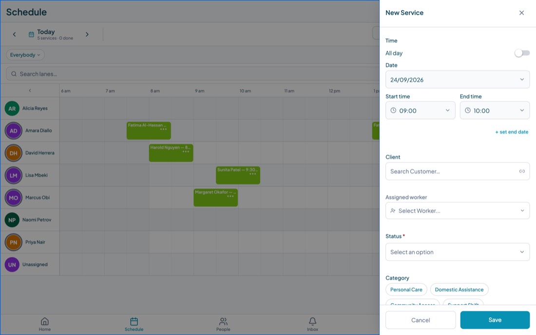The New Service form with time, date, client, assigned worker, category and agreement fields.