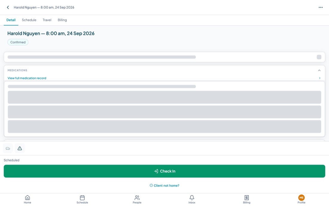 A service record showing detail, schedule, travel and billing tabs, medications, care tasks, check-in history and notes.