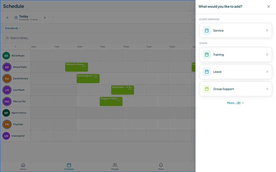A panel headed What would you like to add, offering Service under client services and Training, Leave and Group Support under other.