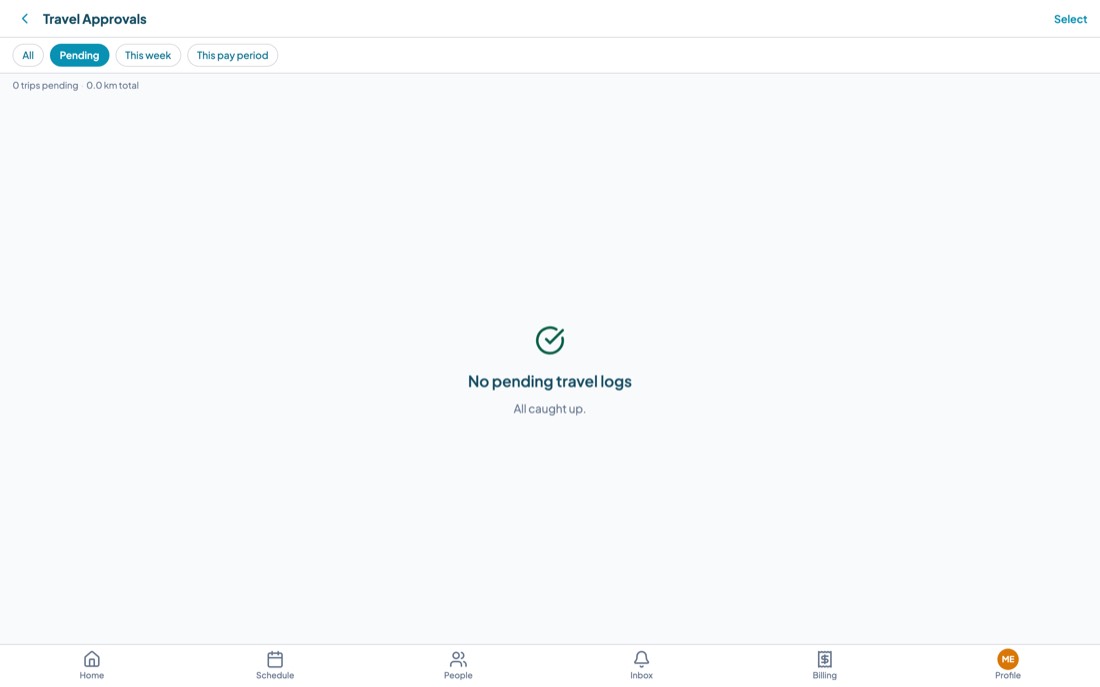 The Travel Approvals screen with filters for pending trips and a total kilometre count.
