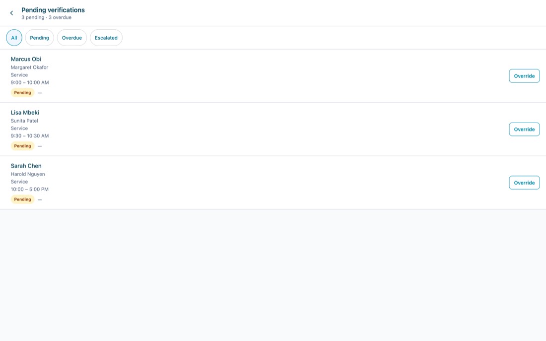 The Pending verifications screen showing three services awaiting verification with an Override action.